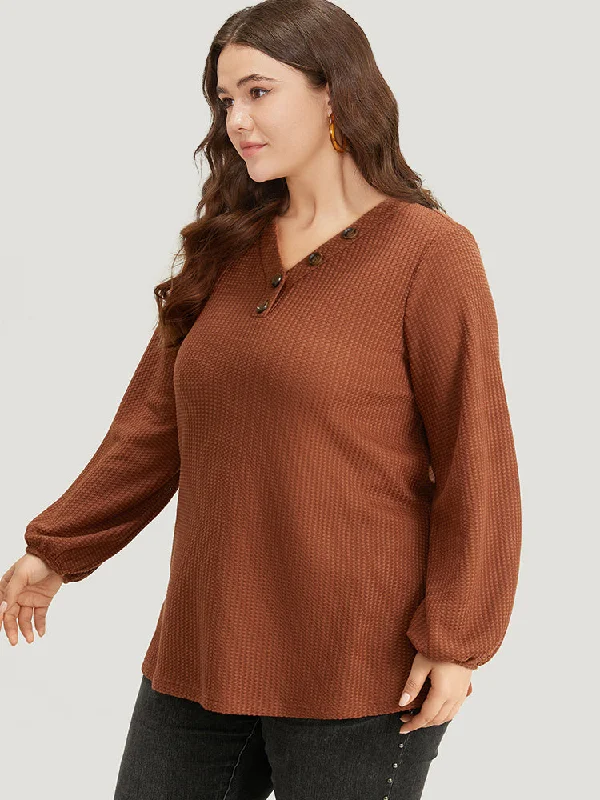 solid-waffle-knit-button-up-lantern-sleeve-t-shirt