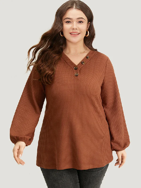 solid-waffle-knit-button-up-lantern-sleeve-t-shirt