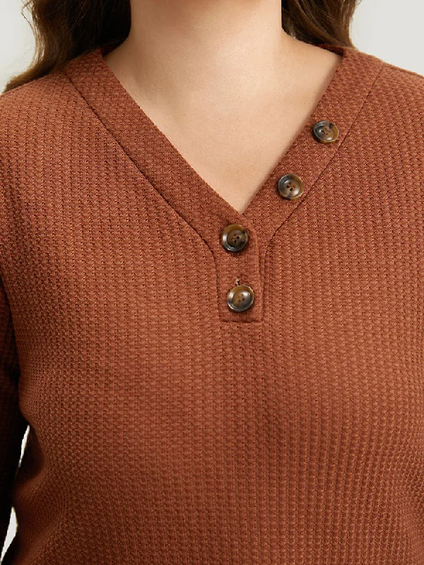 solid-waffle-knit-button-up-lantern-sleeve-t-shirt