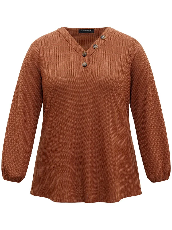 solid-waffle-knit-button-up-lantern-sleeve-t-shirt