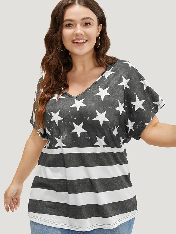 Star & Striped Print Batwing Sleeve T-shirt