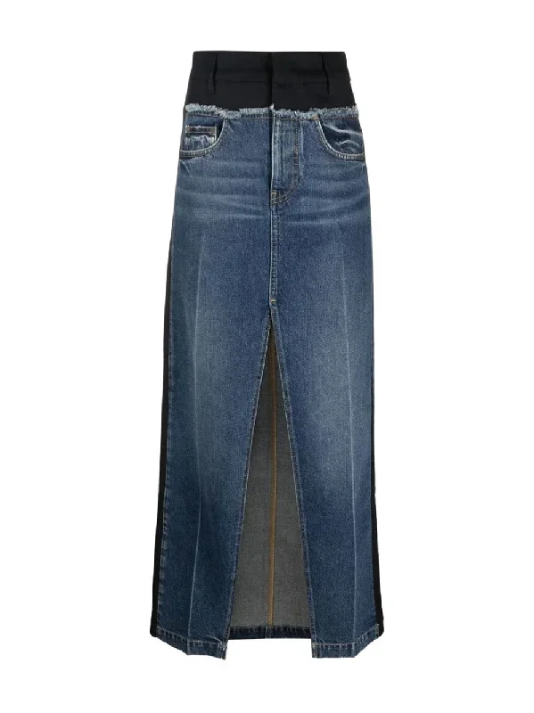 Paneled Blue Denim And Twill Skirt