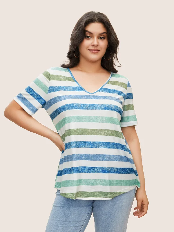 Striped Contrast V Neck T-shirt