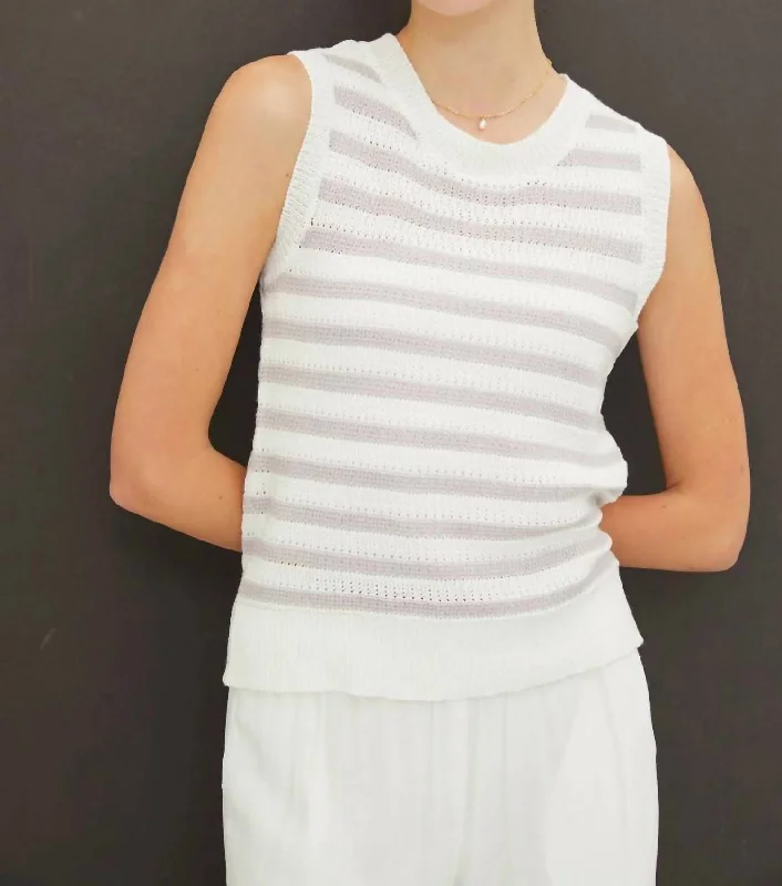 Striped Crew Neck Knit Tank In Pewter & White