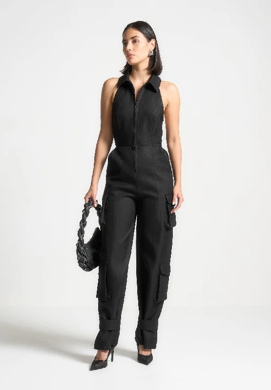 Tailored Halterneck Cargo Jumpsuit - Black