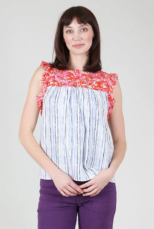 Embroidered Yoke Stripe Blouse, White/Blue