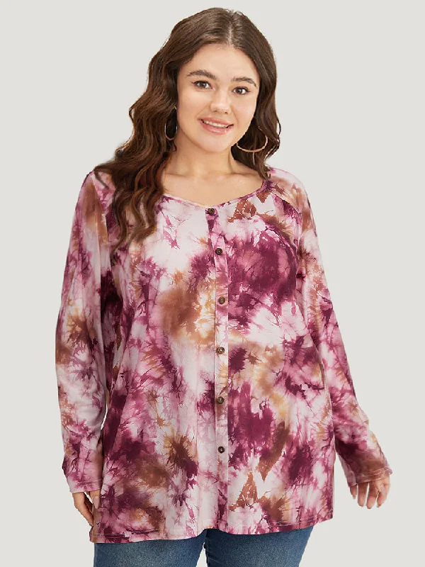 Tie Dye Button Detail Round Neck T-shirt