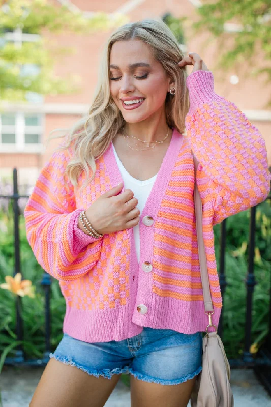 time-to-waste-pink-and-orange-checkered-and-striped-cardigan