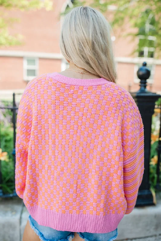 time-to-waste-pink-and-orange-checkered-and-striped-cardigan