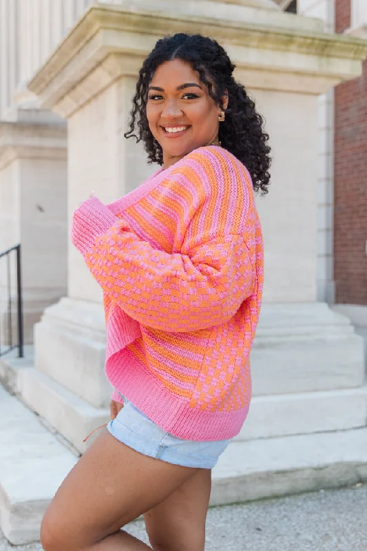 time-to-waste-pink-and-orange-checkered-and-striped-cardigan