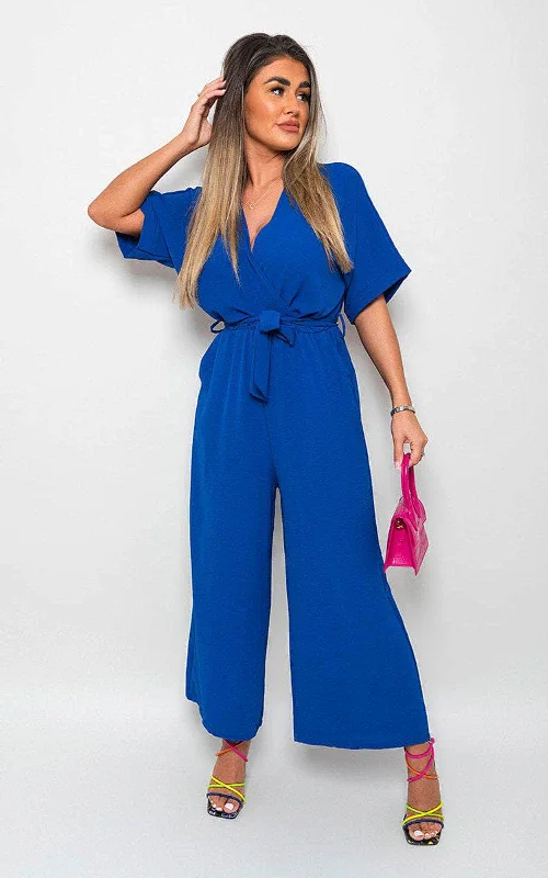 V Neck Tie Waist Short Sleeve Jumpsuit