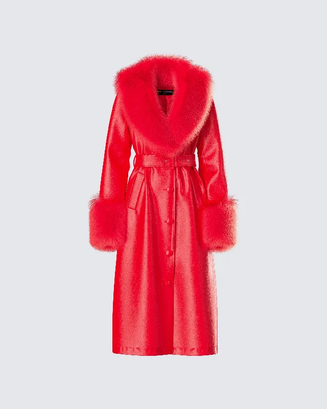 Willa Red Vegan Fur Leather Coat