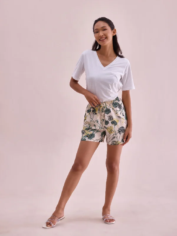 Women Printed White Mid Rise Viscose Lounge Shorts