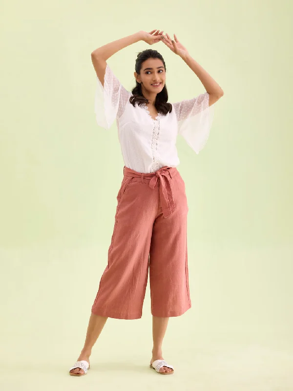 Women Solid Rust Linen Mid Rise Culottes