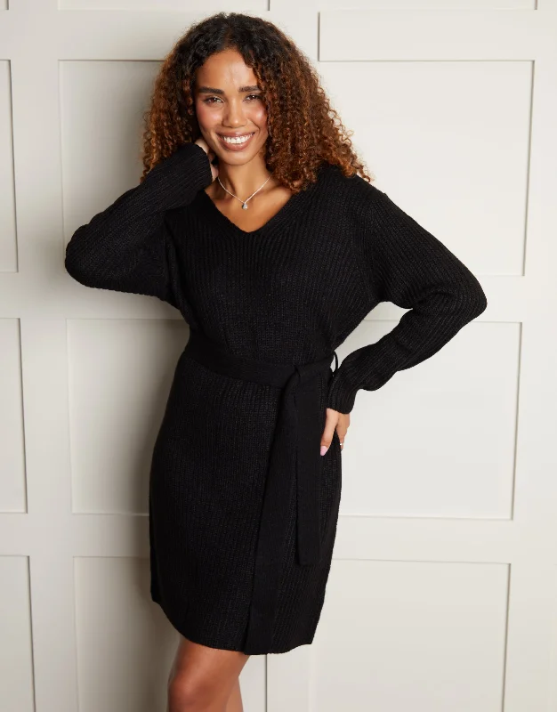 Women's Black V Neck Belted Knitted Dress