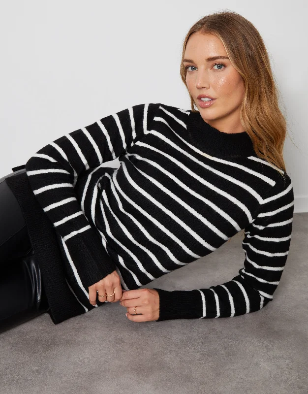 Women's Black Striped High Neck Jumper