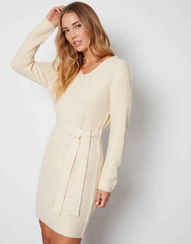 Women's Cream V Neck Belted Knitted Dress