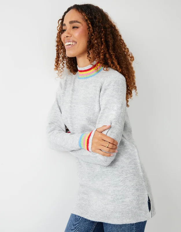 Women's Grey Colour Trim High Neck Jumper